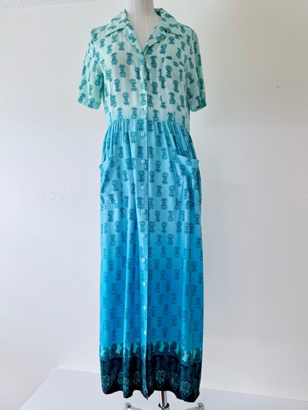 VTG 90s Jennifer Moore Rayon Maxi House Dress/Duster Ombre Blue Green Paisley S
